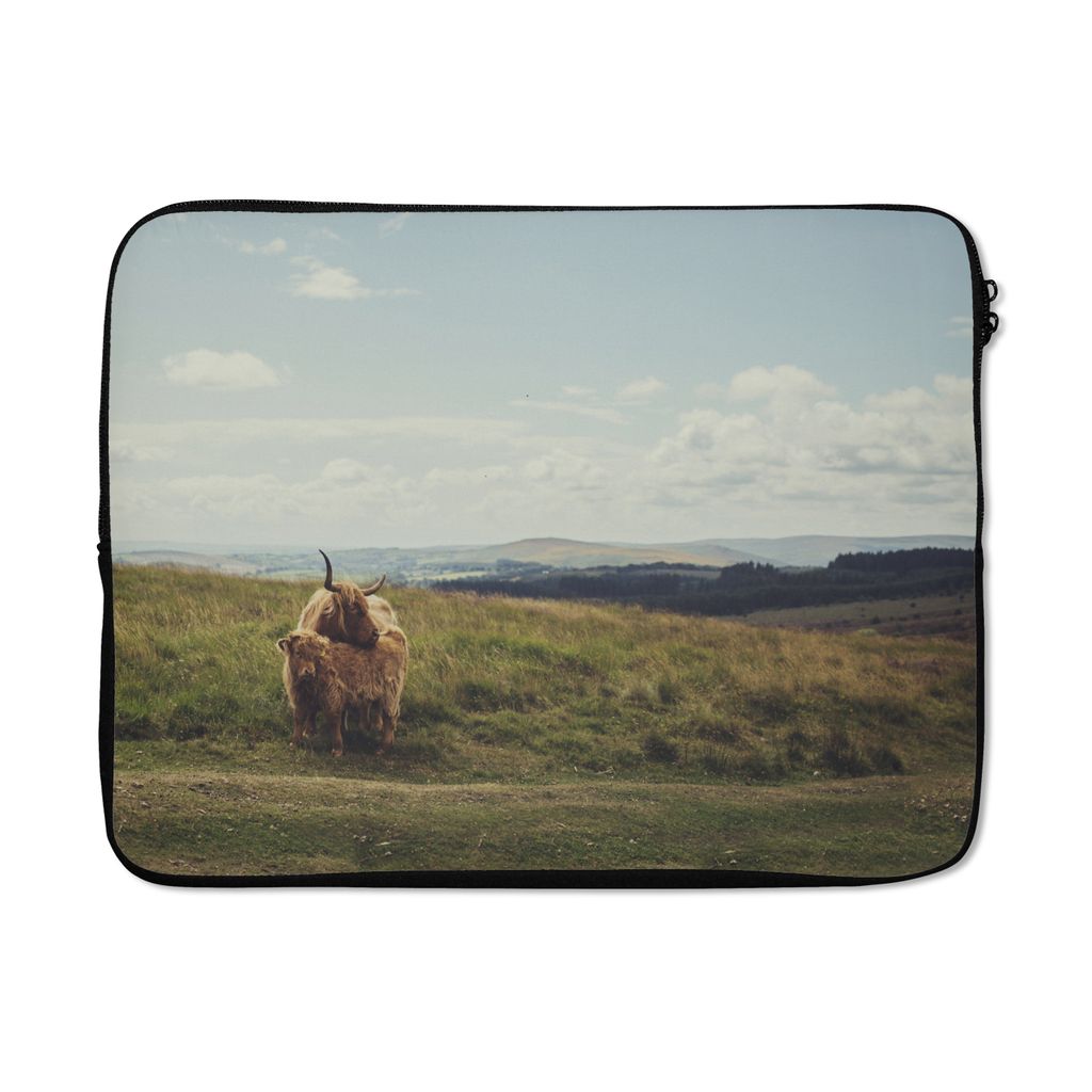 MuchoWow Laptop Hülle 17 Zoll Laptoptasche Schottische Highlander - Gras - Wolken - Tiere - Zipper - Schutzabdeckung