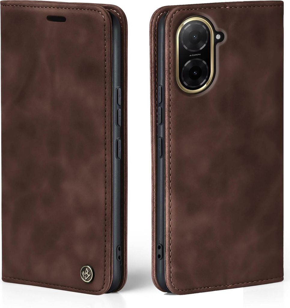 Two views of a brown leather flip phone case for a Xiaomi Redmi A5.