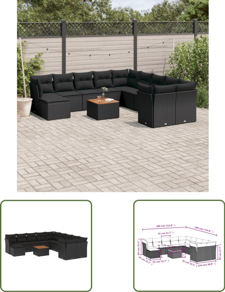 The Living Store 12-tlg. Garten-Sofagarnitur mit Kissen Schwarz Poly Rattan