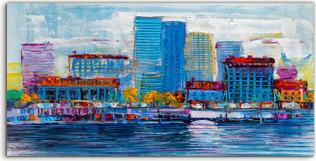 Coloray Spritzschutz aus Glas 140x70 Wandkunst Küchenrückwand Abstrakte Malerei von Wolkenkratzern