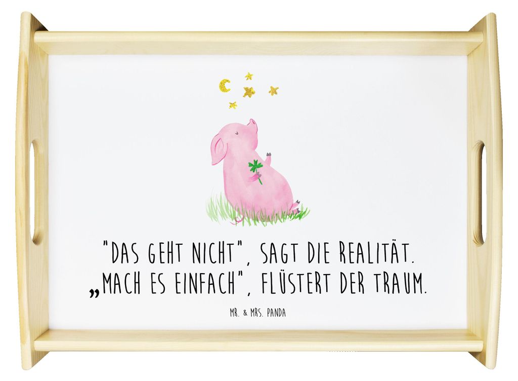 Mr. & Mrs. Panda Tablett Schwein Glück - Weiß - Geschenk, Träume, Servierplatte Holz, serviertablett, Schweinchen, Lustige Sprüche, Ziele, Glü...