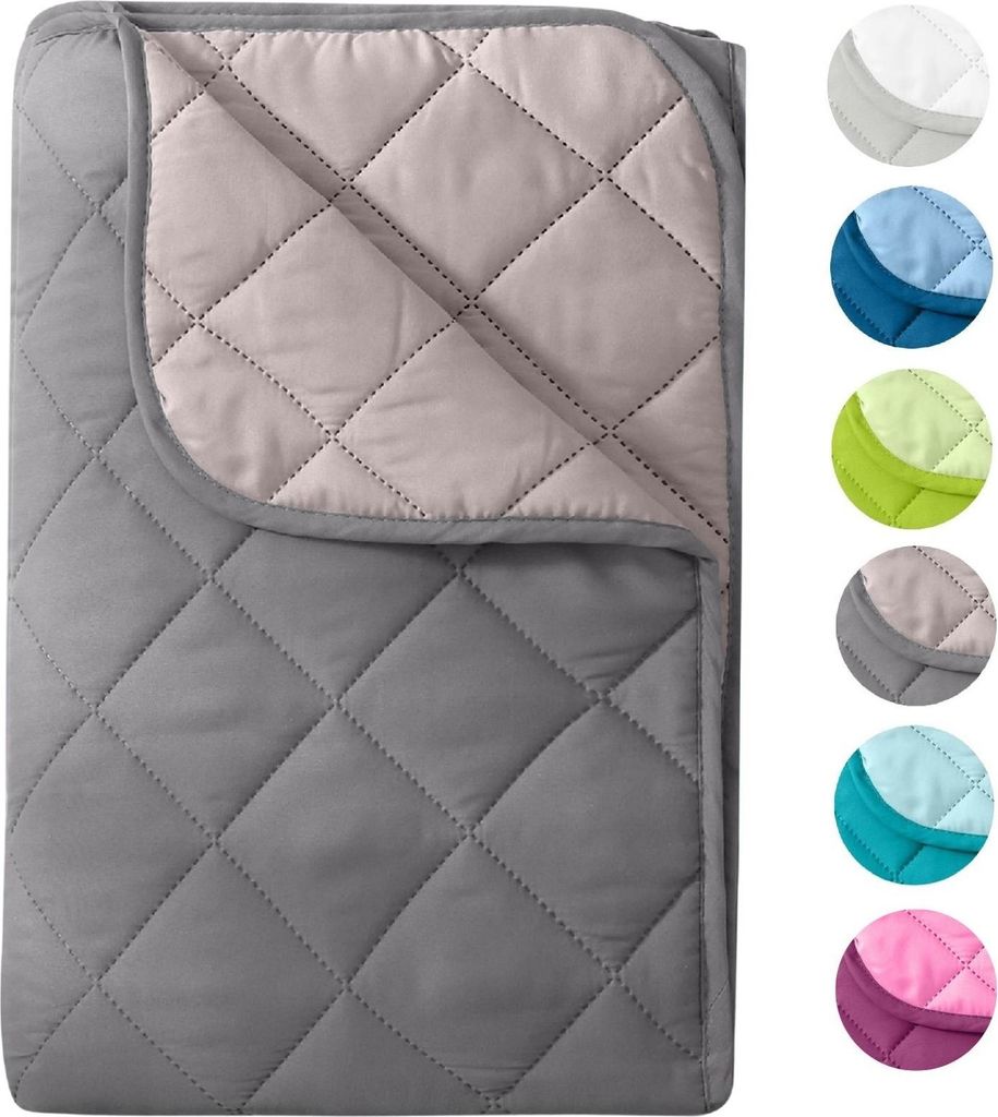 A quilted blanket folded and displayed on a white background, with a row of color swatches to the right.