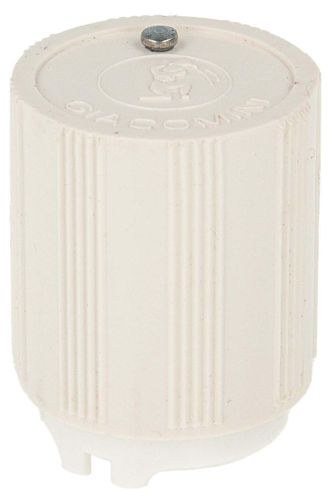 A white GIACOMINI hand regulating cap for a floor heating manifold.