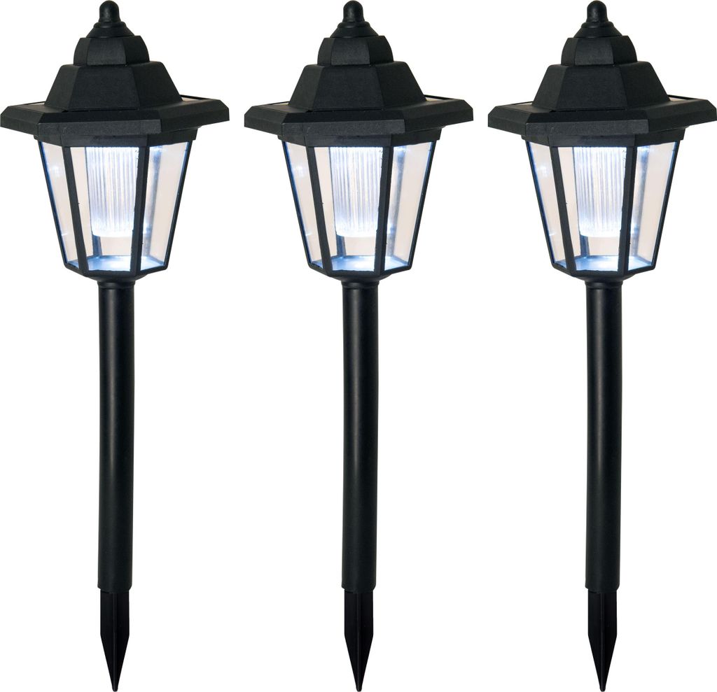 Three black solar-powered garden lights are displayed against a white background.