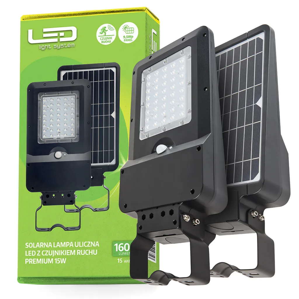 Éclairage public solaire LED 15W avec capteur de présence Noir IP65