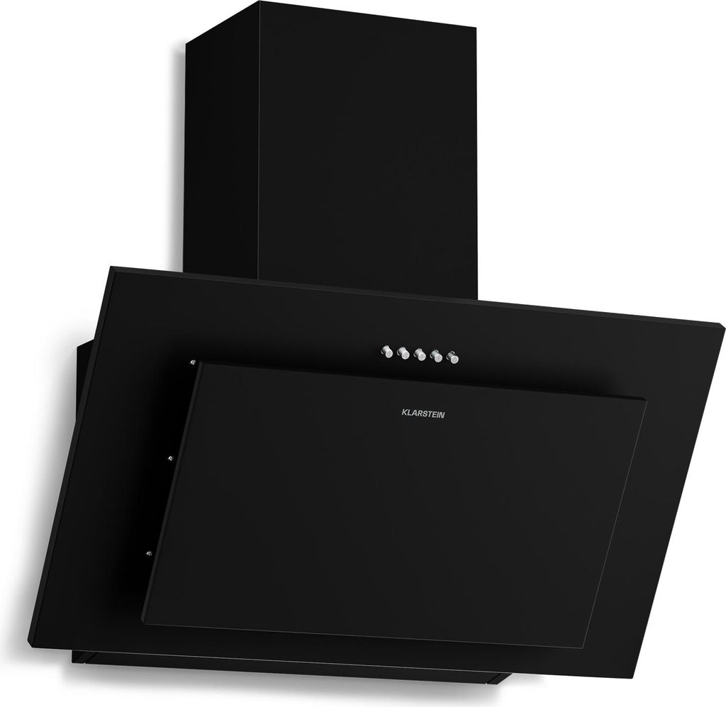 A black kitchen range hood is shown against a white background.