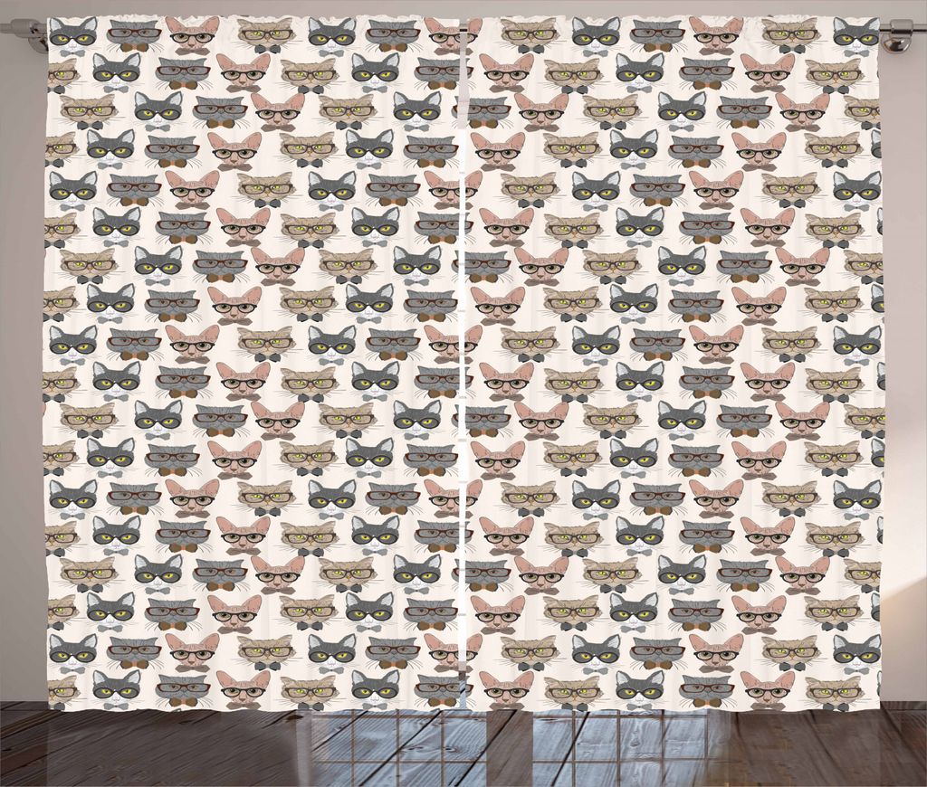 ABAKUHAUS Katze Rustikaler Vorhang, Hipster-Nerd Charaktere, Wohnzimmer Universalband Gardinen mit Schlaufen und Haken, 280 x 245 cm, Mehrfarbig