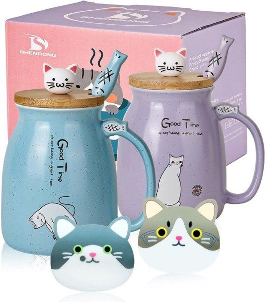 Zwei-Tier-Katzenmokkensets mit keramischen Mokkens, blauem und violetter Farbe, mit Bambusdeckel und Löffel