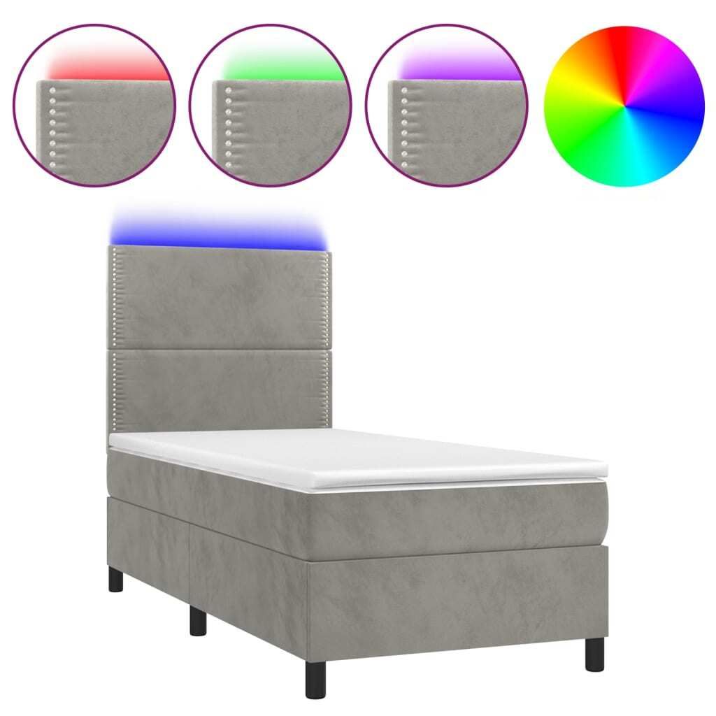 vidaXL Boxspringbett mit Matratze & LED Hellgrau 100x200 cm Samt