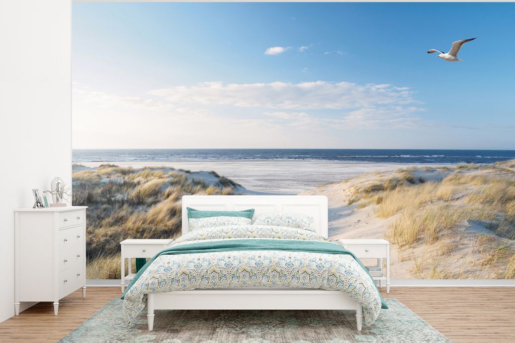 MuchoWow Fototapete für Wohnzimmer oder Schlafzimmer Wandtapete Vinyl Motivtapete Düne - Möwe - Strand - Meer - Sonne - 400x300 cm - Papiertap...