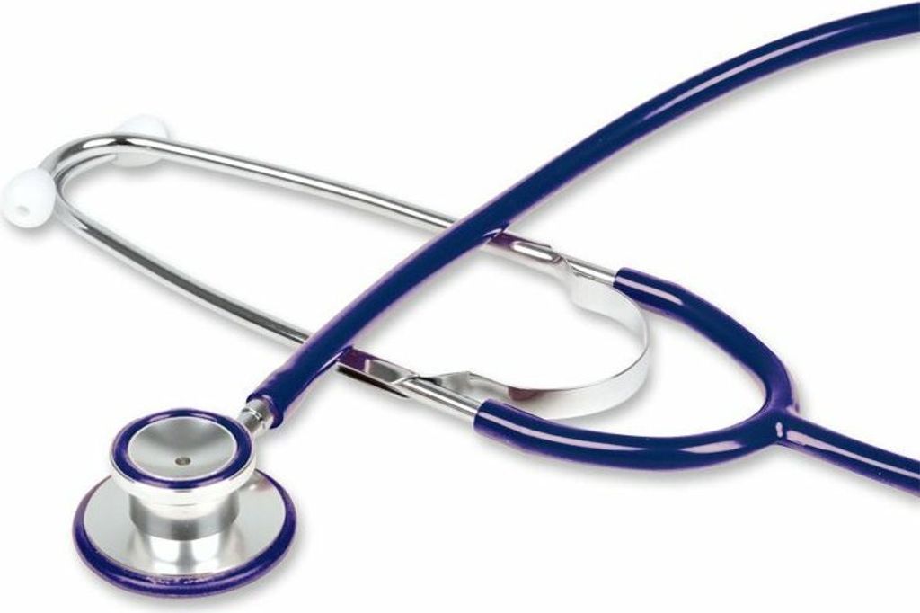 A close-up shot of a blue and silver stethoscope against a white background.