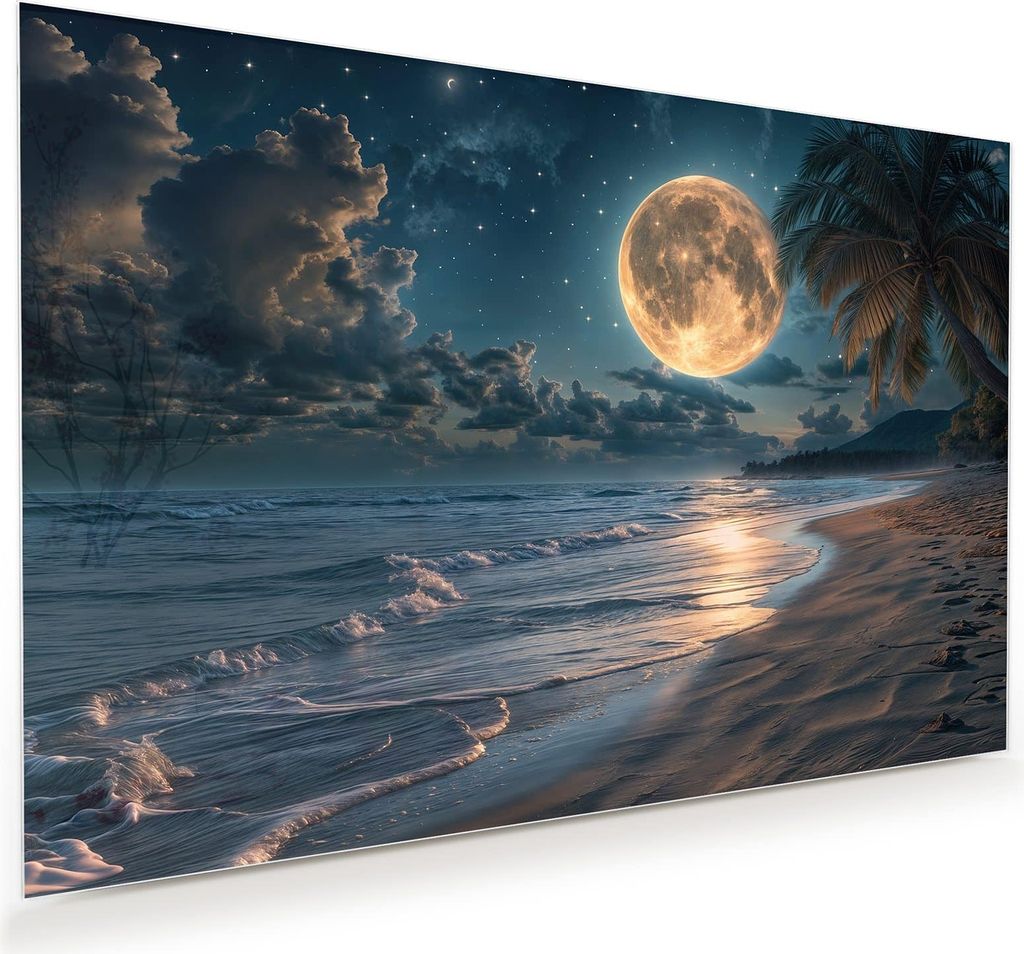 Glasbild 90x60cm in XXL für Wohnzimmer, Schlafzimmer Motiv Mondnacht am Strand