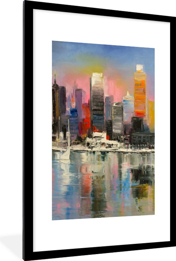 MuchoWow Gerahmtes Poster Gemälde - Öl - Skyline - Wasser 60x90 cm - Poster mit Schwarzem Bilderrahmen Wandposter Rahmen Foto Bilder - Dekorati...