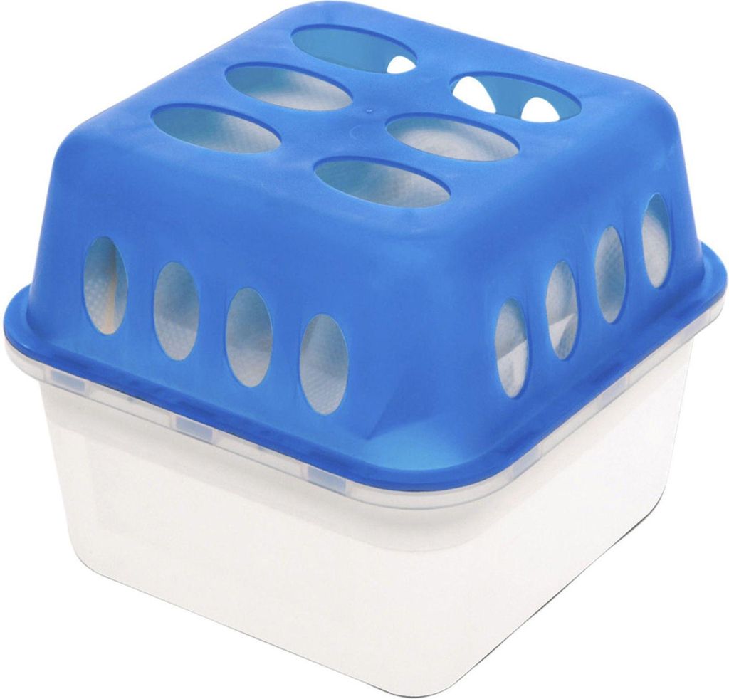 A product shot of a blue and white dehumidifier box with ventilation holes.