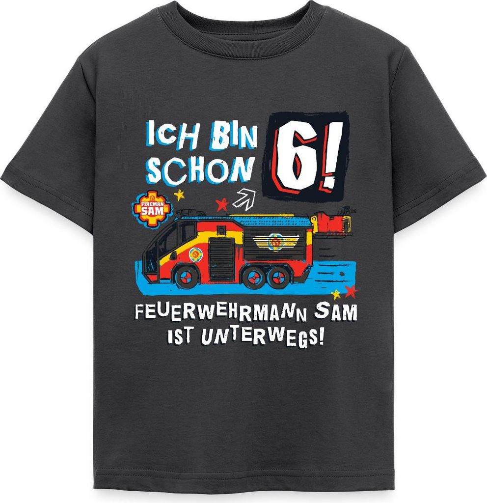 Spreadshirt Feuerwehrmann Sam Geburtstagsdesign 6 Jahre Kinder T-Shirt, 98/104 (3-4 Jahre), Dunkelgrau