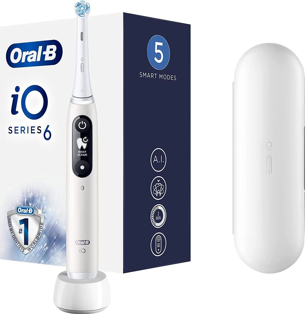 Oral B iO 6 weiße elektrische Zahnbürsten 1 Griff mit schwarzem Display smart fortgeschritten innovativ