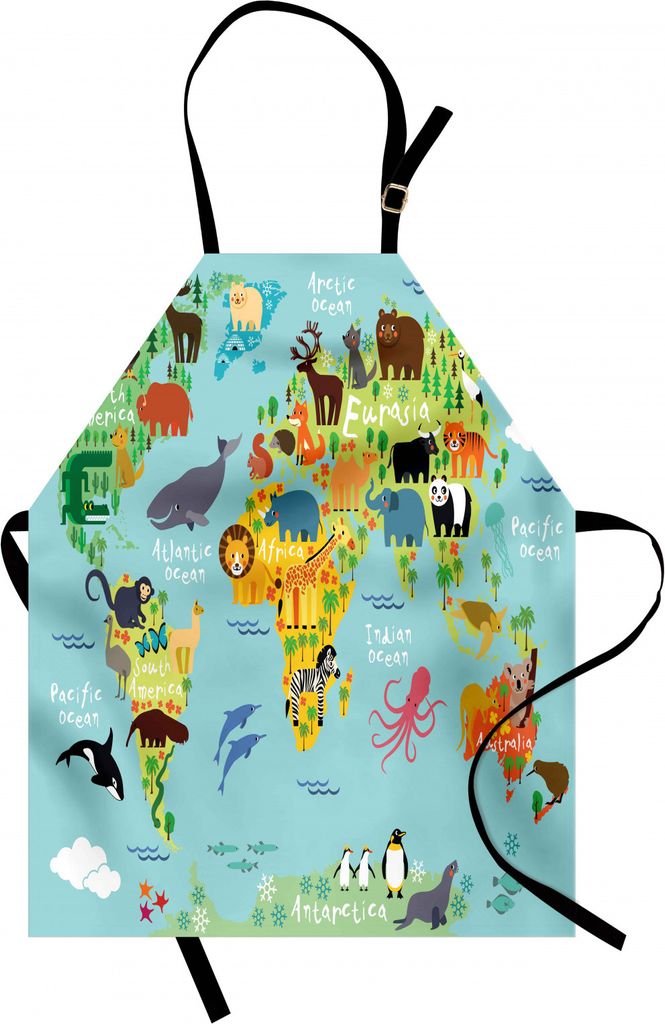 ABAKUHAUS Fernweh Kochschürze, Cartoon für Kinder Tiere der Welt Exotische Fauna mit Ozean und Flora, Höhenverstellbar Klare Farben ohne verblas...