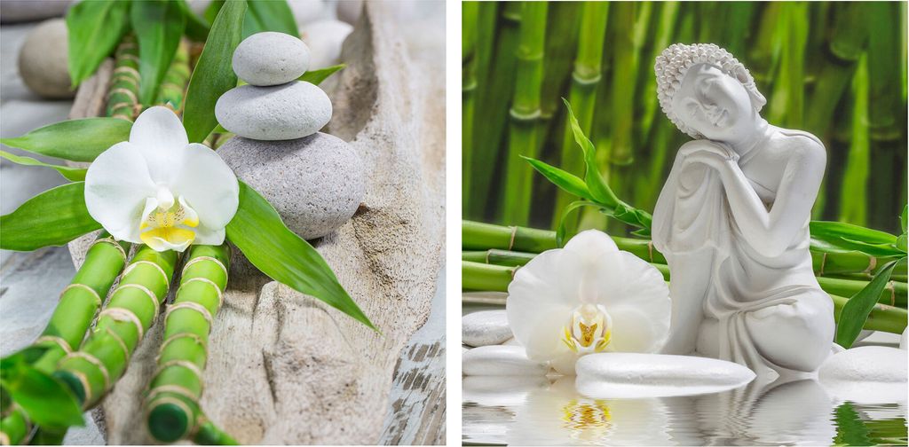 levandeo 2er Set Glasbild 30x30cm Buddha Weiße Orchidee Bambus Wandbild Deko