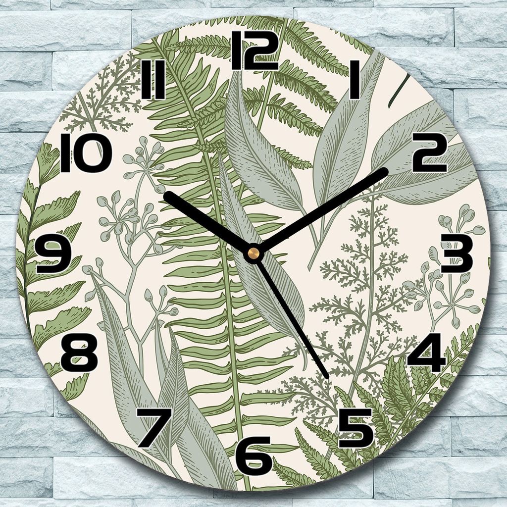 Wanduhr aus Glas Rund fi 30 Farn grün beige Quarz Deko Schlafzimmer Büro