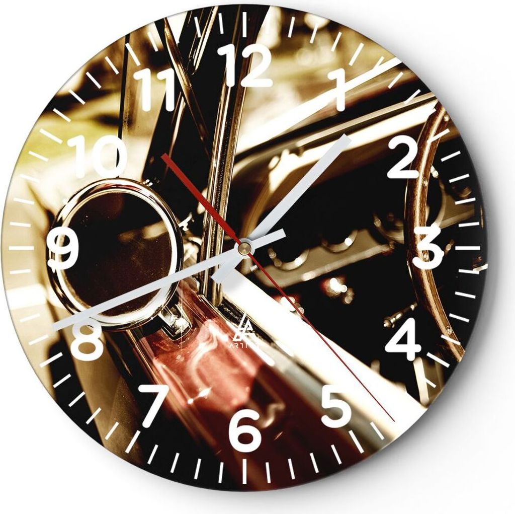 Wanduhr - Rund - Glasuhr - Auto Seite Rad - 30x30cm - Schleichendes Uhrwerk - Lautlos - zum Aufhängen bereit - Dekoration Modern - Wanddekoration ...