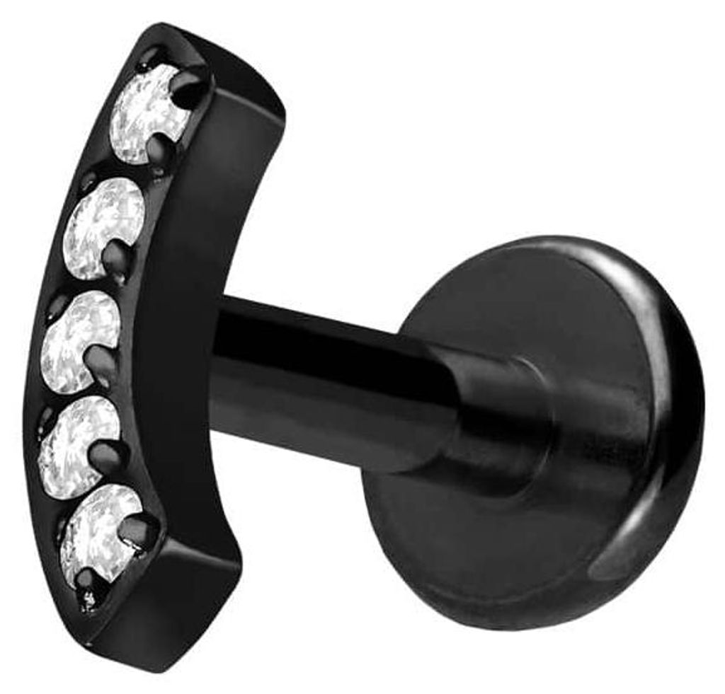 Ohrpiercing, Nasenpiercing Titan Labret mit Innengewinde BOGEN + 5 KRISTALLE Schwarz Stablänge: 10mm | Stabstärke: 1,6mm