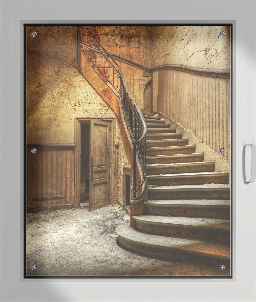 Wallario Lichtschutzbild, Dekorativer Sichtschutz Sonnenschutz 76 x 93 cm mit Motiv: Rustikale Holztreppe - Verdunklung ohne Bohren