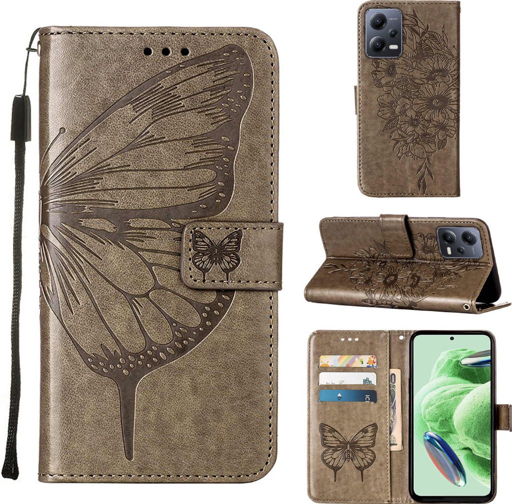 Lederhülle für Xiaomi Poco X5 /Redmi Note 12 5G Schmetterling Prägung Flip Ledertasche Kartenfächer Handyhülle mit Ständer Grau