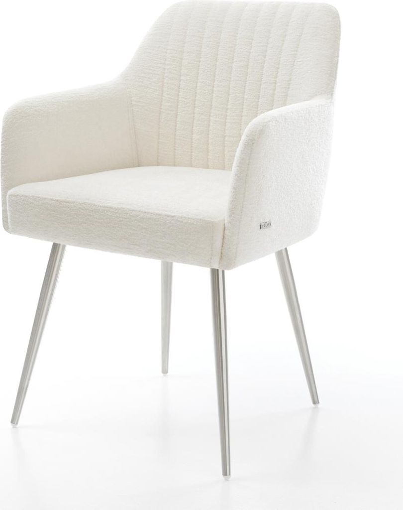 DELIFE Esszimmerstuhl Greg-Flex Bouclé Soft Beige 4-Fuß konisch Edelstahl Taschenfederkern