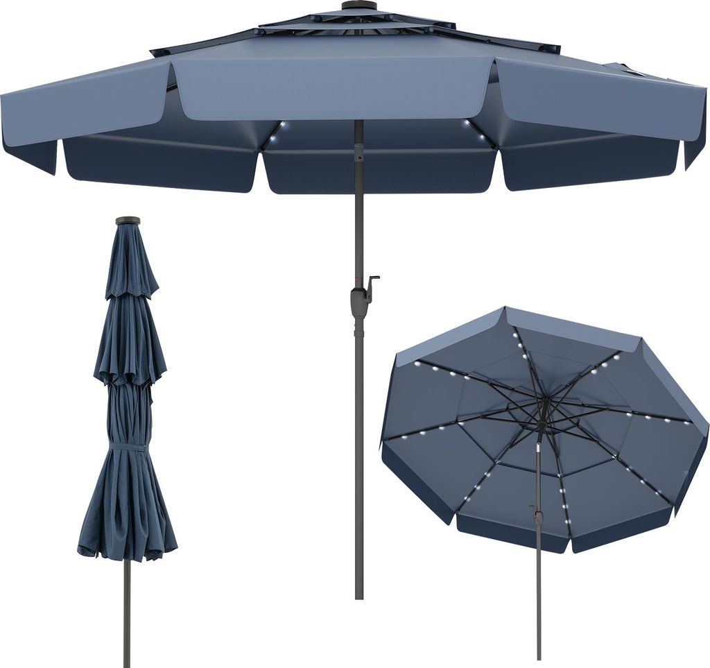 Three views of a blue patio umbrella against a white background. One is fully open and angled, showing the top and side. Another is a top-down view of the open umbrella, revealing the internal structure and LED lights. The third is a view of the umbrella c