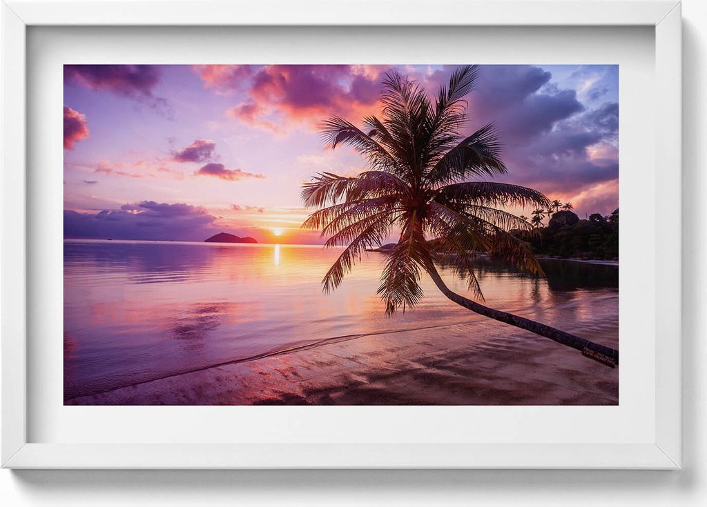 Palme am Strand bei Sonnenuntergang– Wandbild mit Rahmen – Gerahmtes Bild – Wanddekoration – 60x40 cm – Schwarz Rahmen