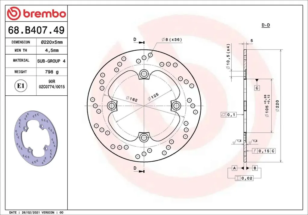 Brembo 68B40749 Disque de Frein Argenté Série Oro Haute Performance