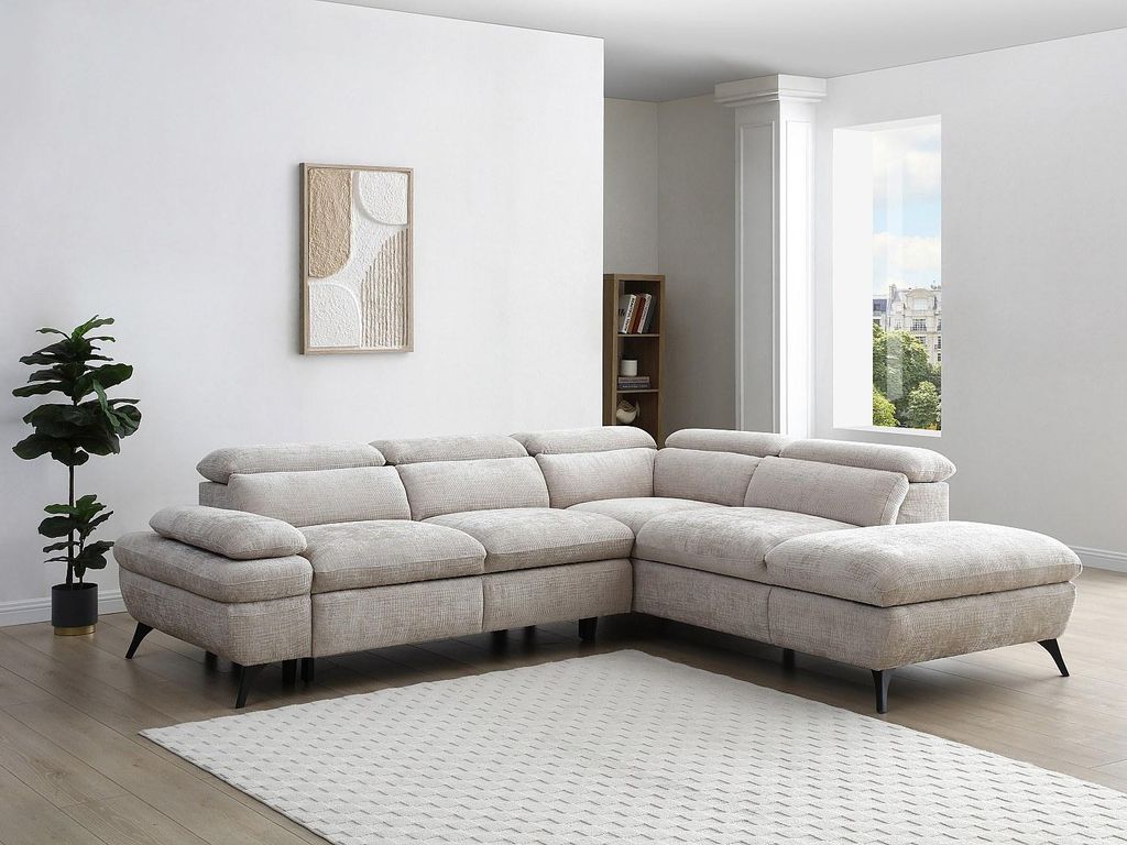 Rechtsseitiges Ecksofa mit beigefarbenem Strukturbezug und Rückenlehne im Chaiselongue-Stil - SURDELI