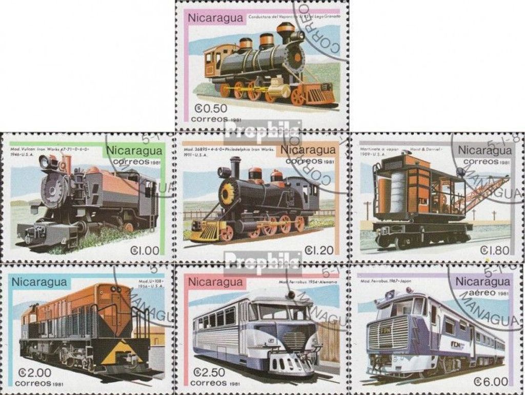 Briefmarken Nicaragua 1981 Mi 2231-2237 (kompl.Ausg.) gestempelt Entwicklung des Eisenbahnwesens