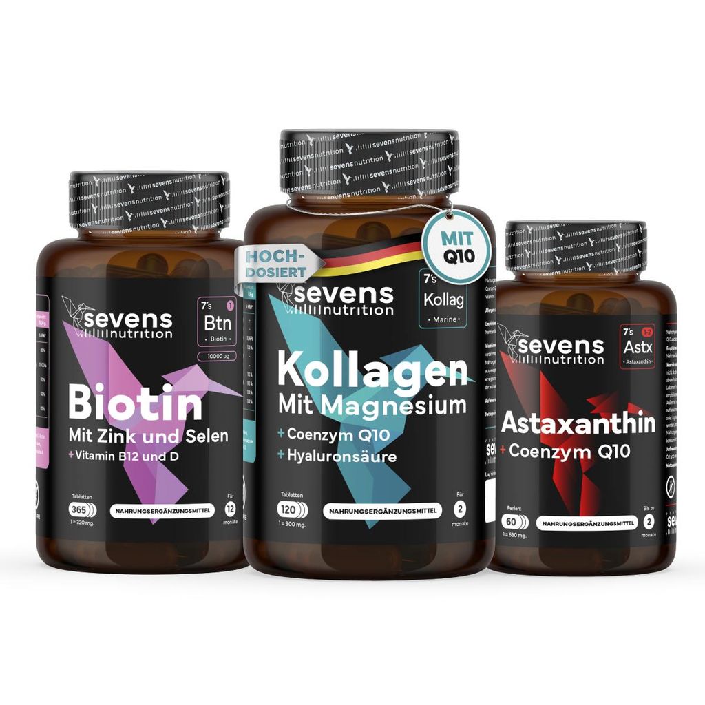 Glow Pack - Astaxanthin 60 Perlen + Biotin 365 Tabletten + Kollagen Komplex 120 Tabletten - Sevens Nutrition