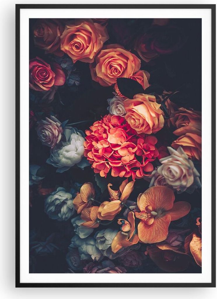 Gerahmtes Poster - Schwarzer Rahmen - Blumenstrauß Blumen Rosen - 70x100 cm - Wand Bild - Wanddeko - Wandbilder - Kunstposter - Wandposter - Bilde...