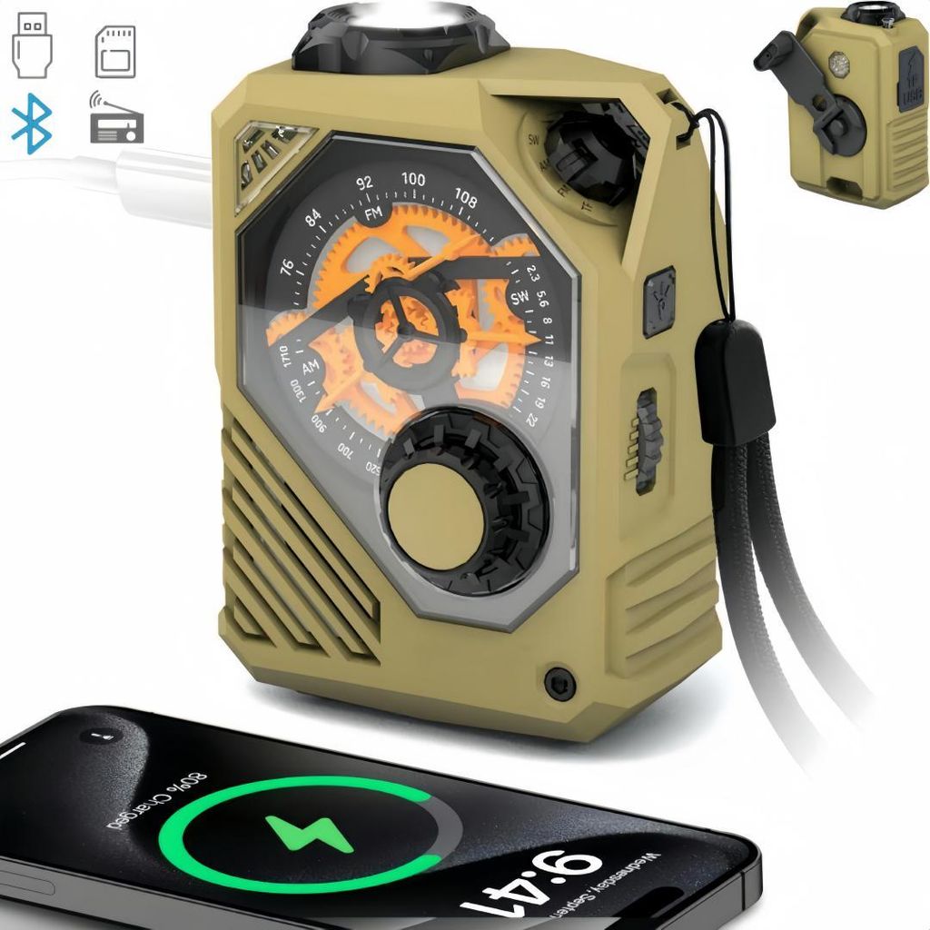 Tragbares Kurbelradio mit Bluetooth, TF/USB, 2000 mAh, AM/FM/SW, LED‐Taschenlampe, Powerbank, SOS‐Alarm – Notfallausrüstung für Camping, Su...