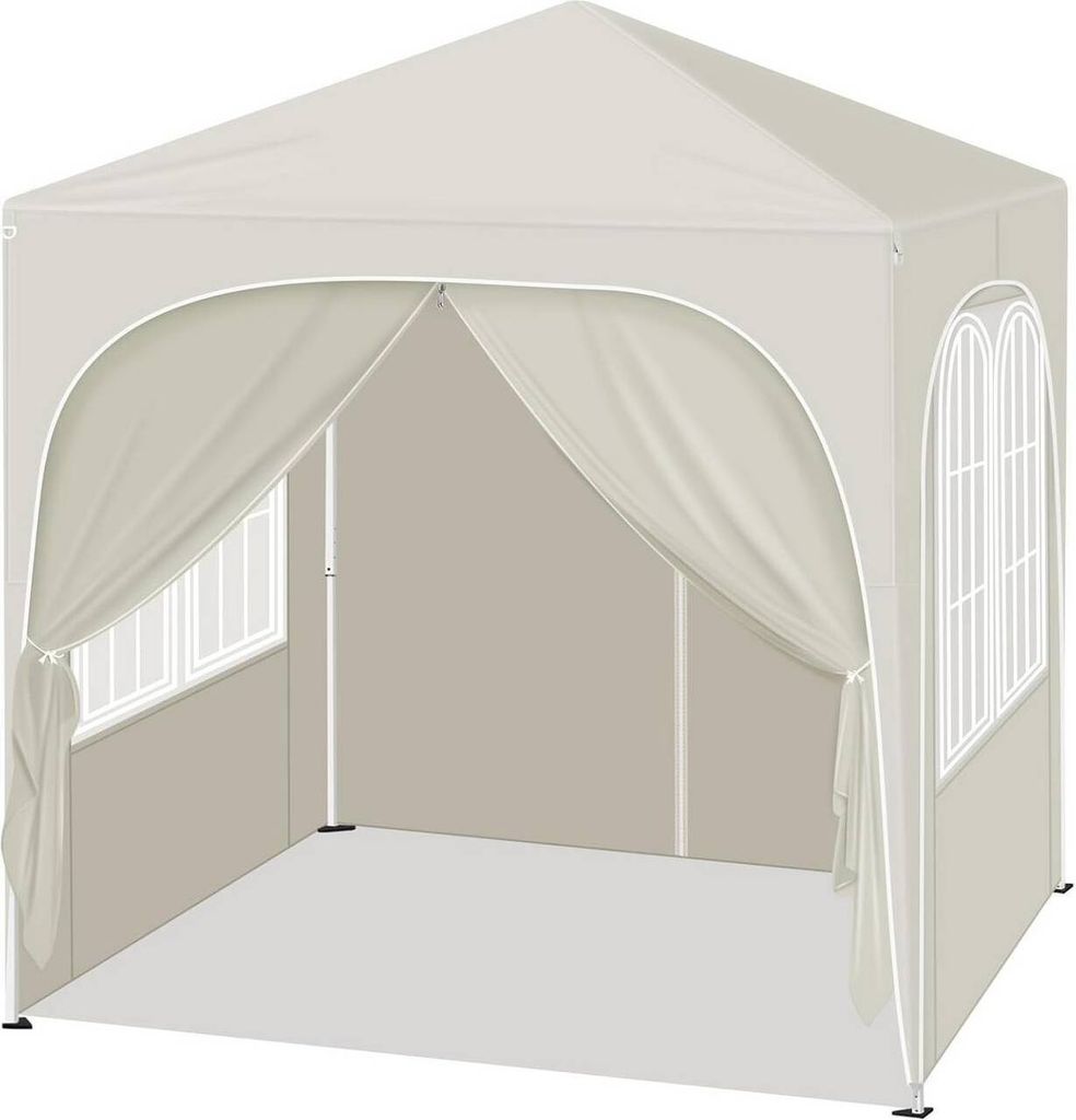 A beige pop-up gazebo or pavilion with side curtains and arched windows.