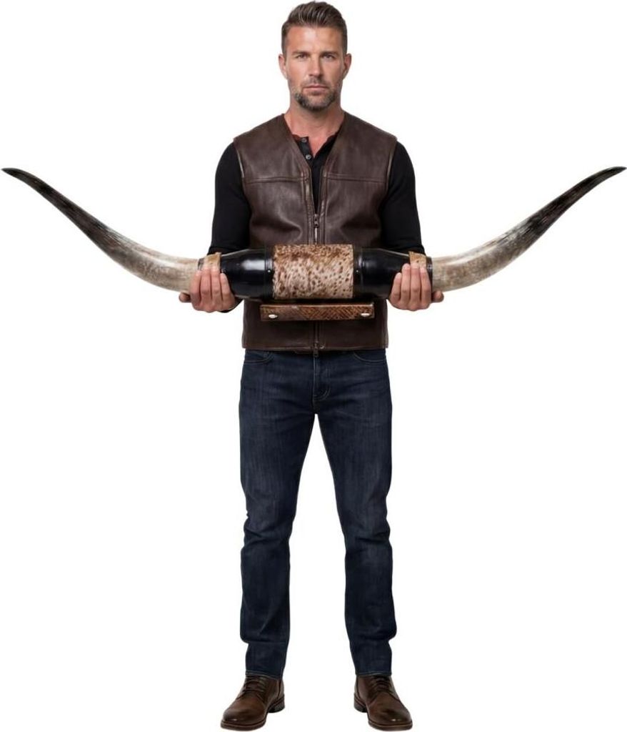 Longhorn Wandobjekt Modell 3 – Naturhorn Einzelstück mit Leder- & Holzhalterung -