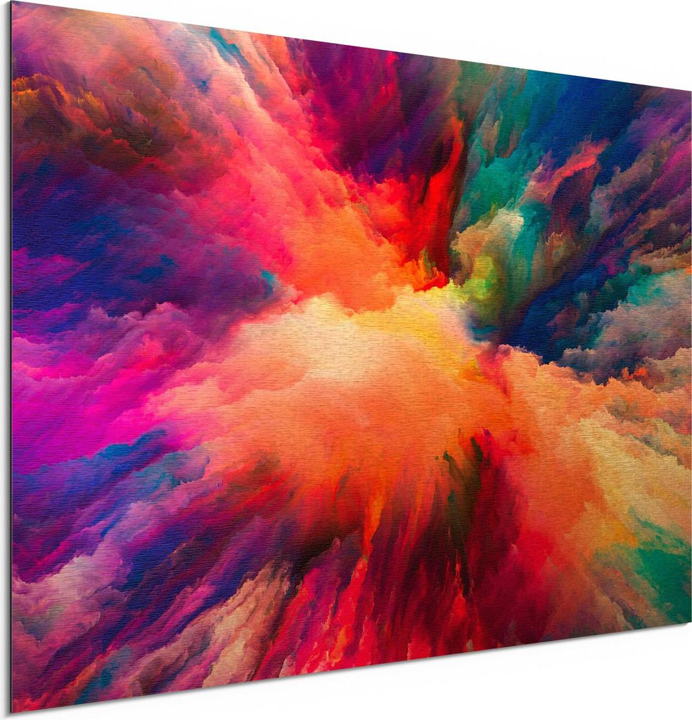 DEQORI Alu-Dibond Bild Gold 60x40 cm 'Bunte Farbwolke' Wandbild Metall dünn Design