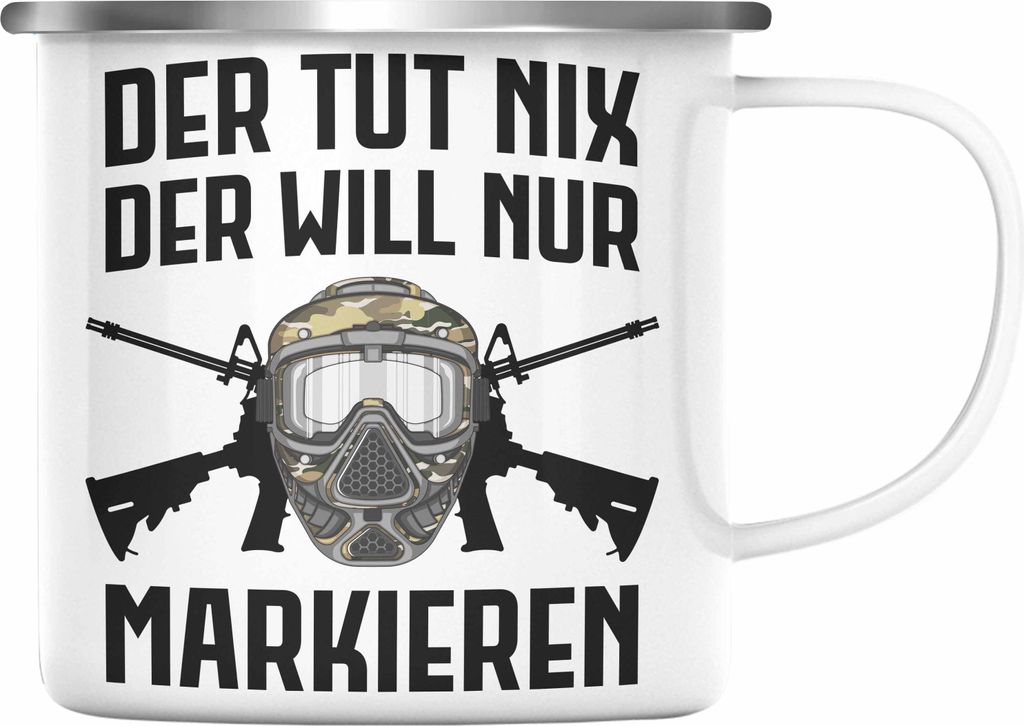 Trendation - Paintball Emaille Tasse Geschenk Männer Der Tut Nix Paintballspieler Geschenkidee Lustig (Silber)
