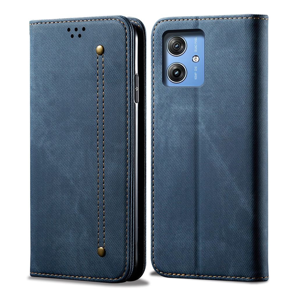 A blue flip-style phone case is shown from the front and back.