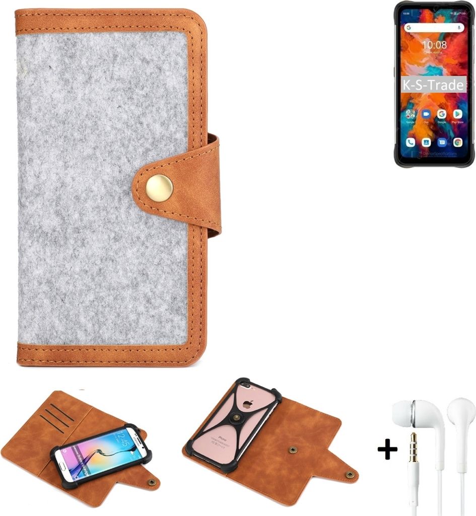K-S-Trade Handyhülle + Kopfhörer kompatibel mit UMIDIGI Bison X10 Pro Schutzhülle Filz Hülle Kunstleder hellgrau braun (1x)
