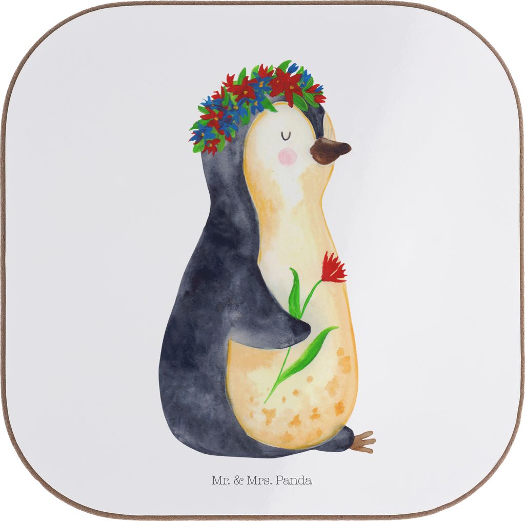 Mr. & Mrs. Panda Untersetzer für Gläser Pinguin Blumen - Weiß - Geschenk, Wünsche, Glas, Leben, Wunderschön, Blumenliebe, Universum, Geschenki...