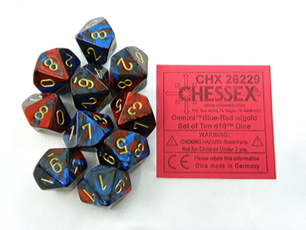 Set de 10 Dés d10 Polyédriques Gemini™ Bleu et Rouge avec Dorure