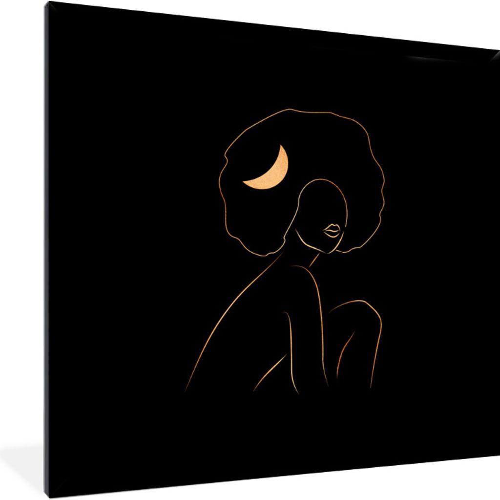 MuchoWow Gerahmtes Poster Frau - Mond - Gold - Strichzeichnung 40x40 cm - Poster mit Schwarzem Bilderrahmen Wandposter Rahmen Foto Bilder - Mit R...