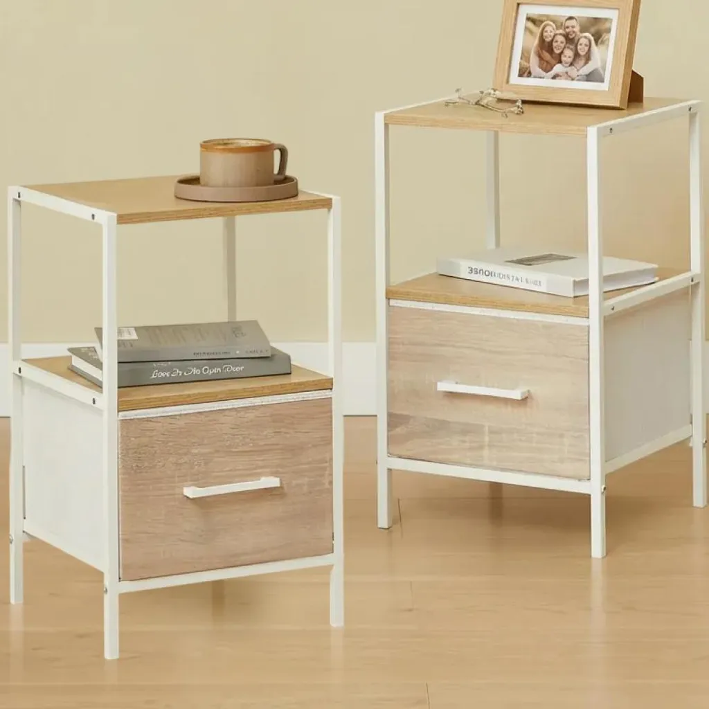 CASABEL Lot de 2 tables de chevet avec tiroir en tissu et effet bois
