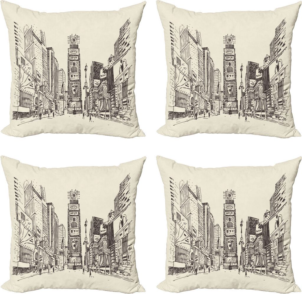 ABAKUHAUS NYC Kissenbezug Set (4 Stück), Times Square Sketch Städtische Ansicht, Moderner Doppelseitiger Digitaldruck, 50 cm x 50 cm, Eischale Taupe
