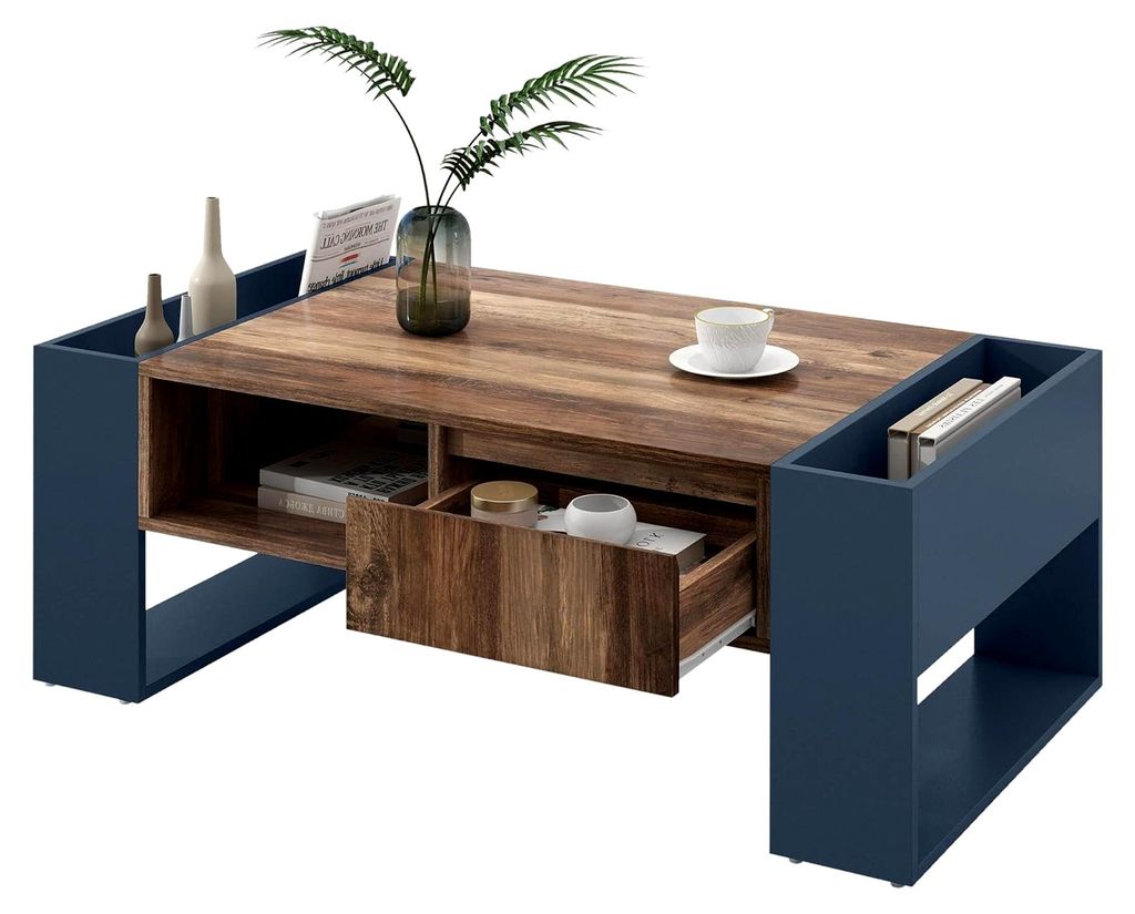 Couchtisch mit Holzmaserung und grifflosem Schubladenfach, Doppelseitiger Stauraum für das Wohnzimmer, Anthrazit