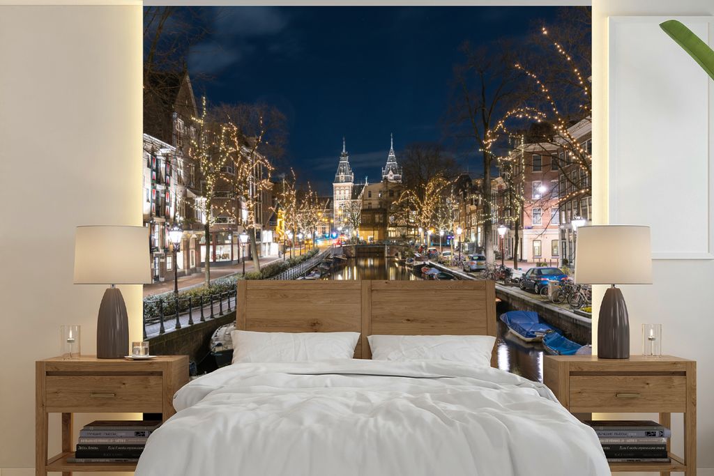 MuchoWow Fototapete für Wohnzimmer oder Schlafzimmer Wandtapete Vinyl Motivtapete Das Rijksmuseum hinter der Spiegelgracht in Amsterdam - 300x30...