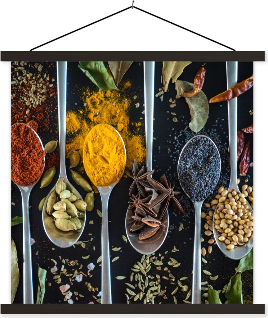 MuchoWow Textilposter Löffel - Gewürze - Kräuter - Lebensmittel - Tisch 120x120 cm mit schwarzem Rahmen - Aufhängungsset